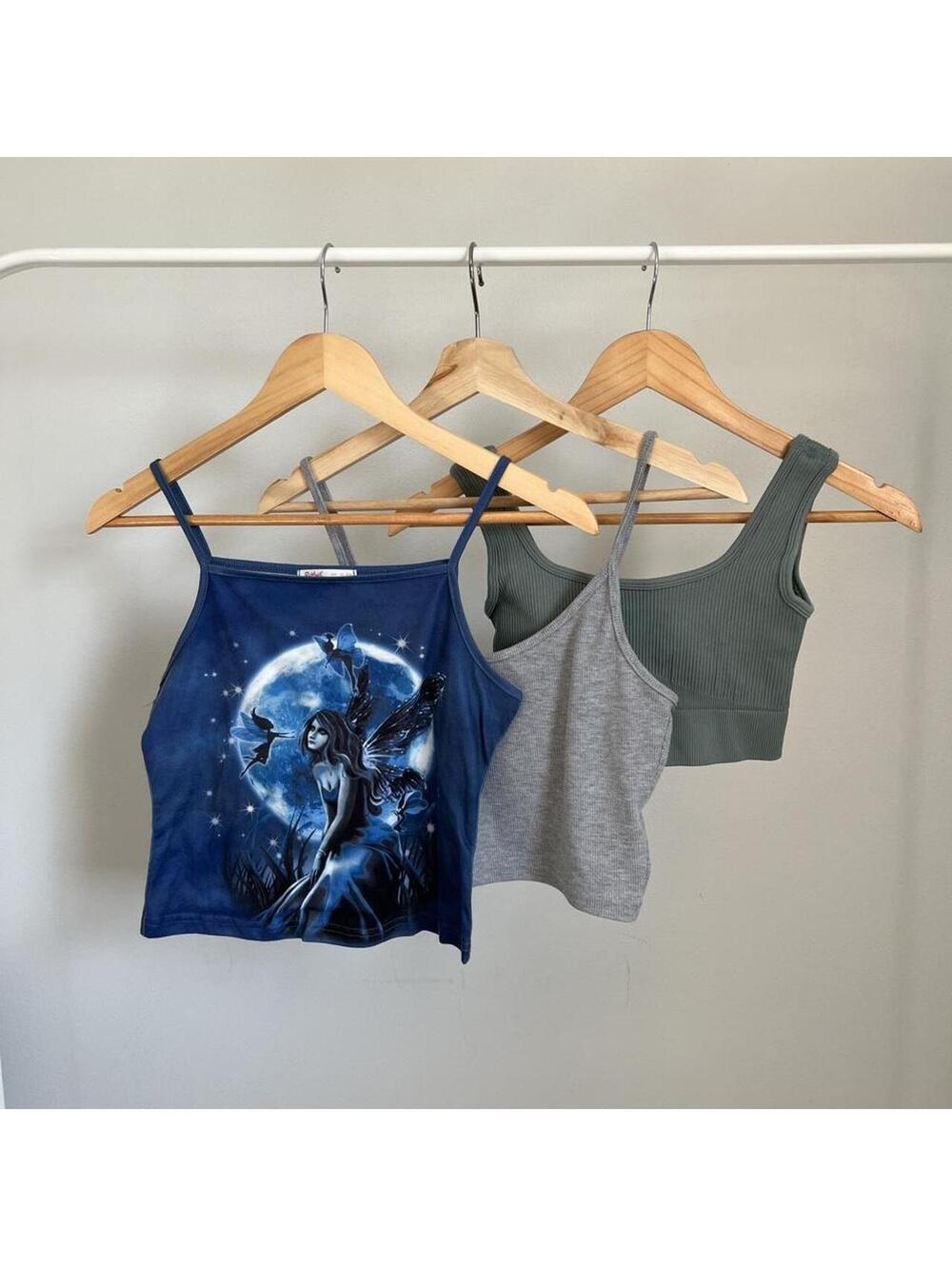3-piece tank top bundle blue fairy cami, gray ribbed camisole green cropped tank